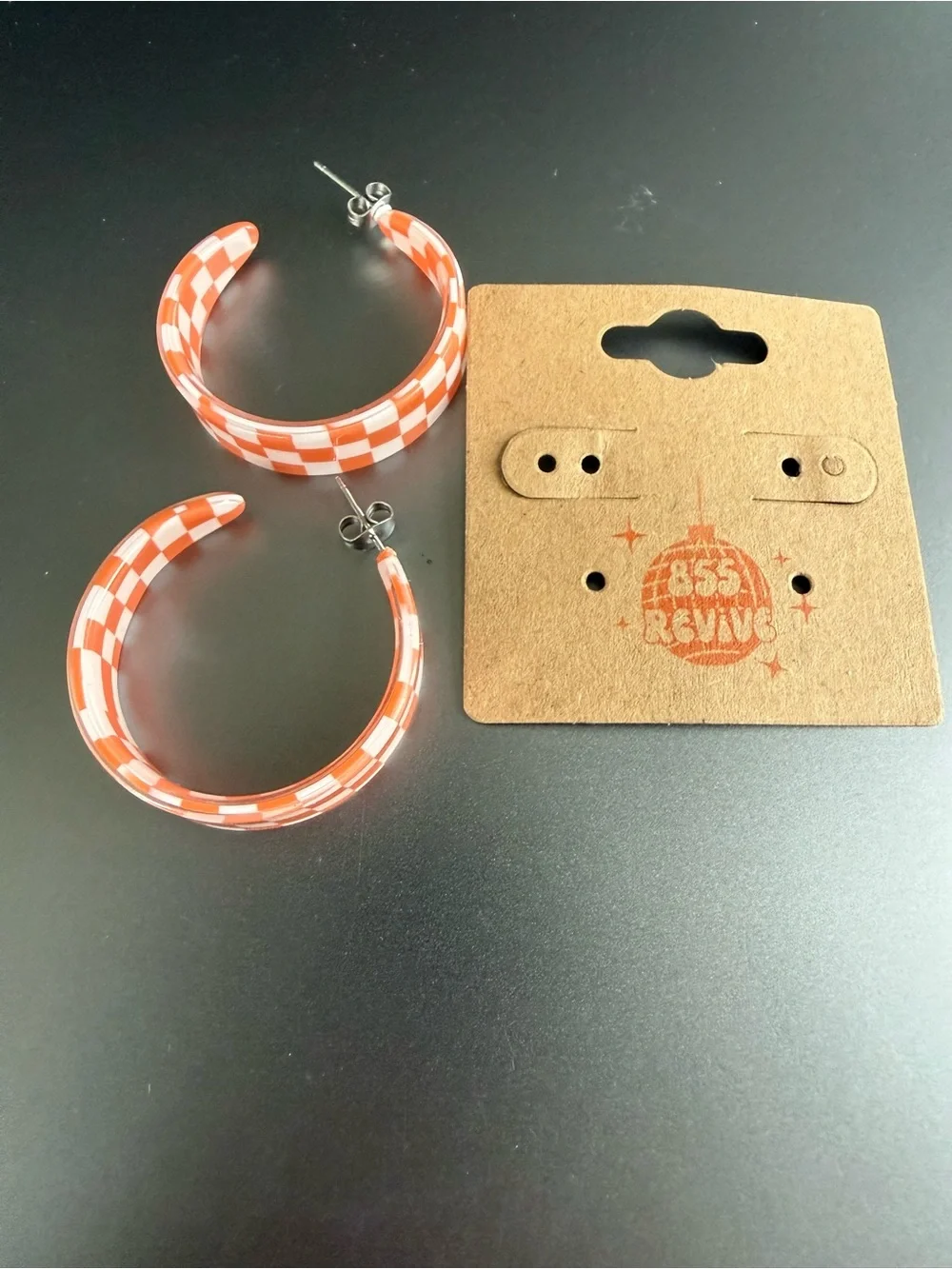 Orange & White Check Hoop Earrings - Picture 3 of 3